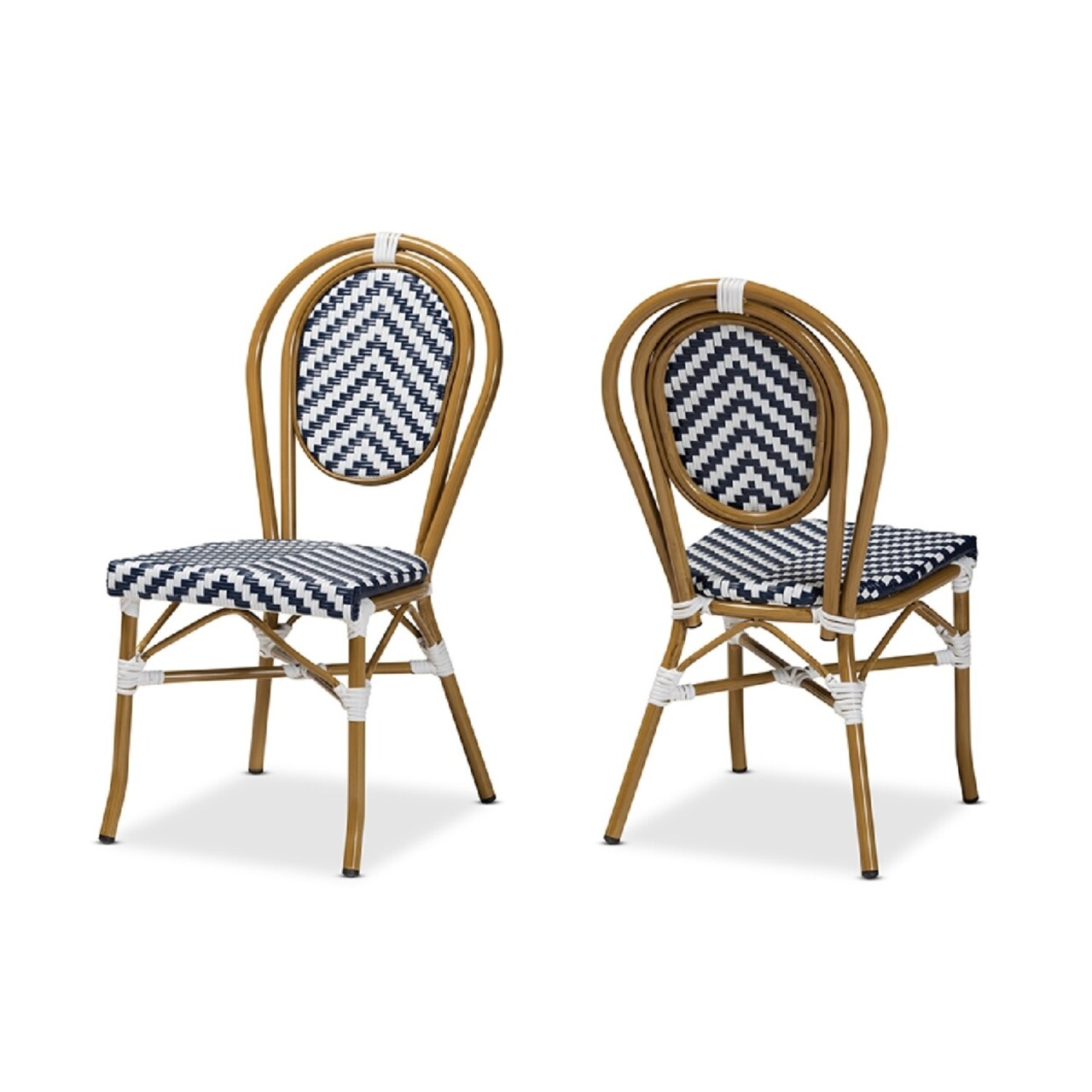 Wholesale Interiors Baxton Studio Alaire Classic French Indoor and Outdoor Blue and White Bamboo Style Stackable 2-Piece Bistro Dining Chair Set
